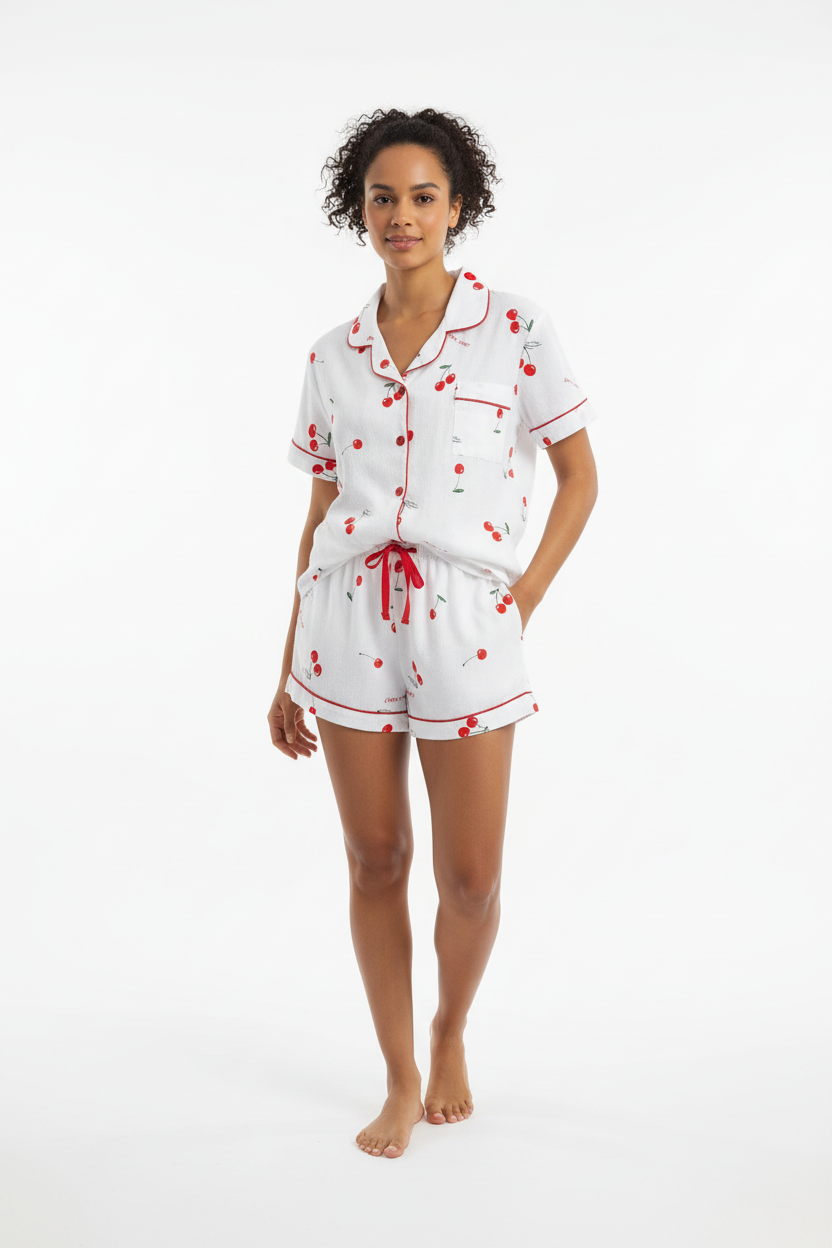 Two Piece Printed Button Down Collar Shirts and Shorts PJ Sets