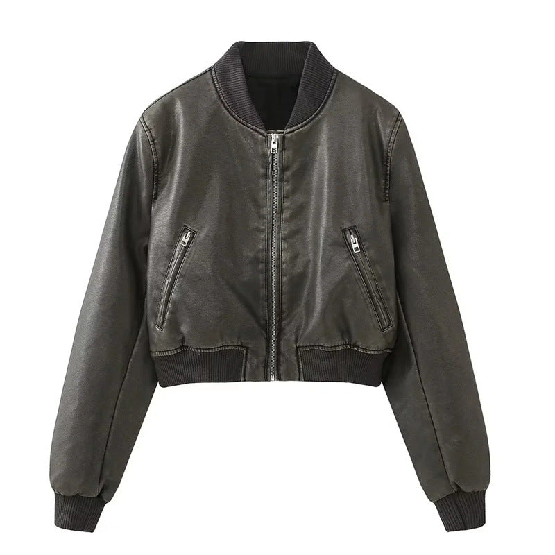 Stand Collar Polished Leather Distressed Coat