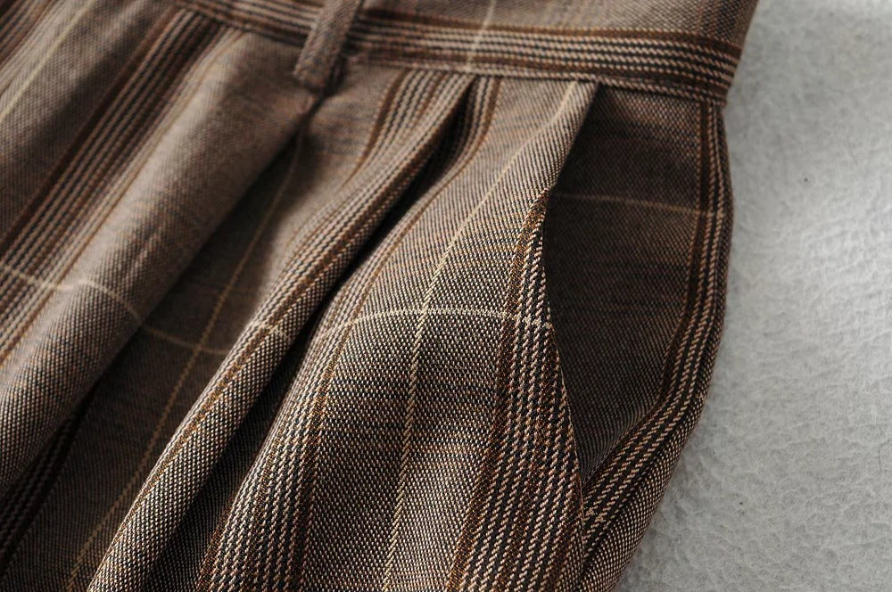 Vintage High-Waist Plaid Wide-Leg Pants