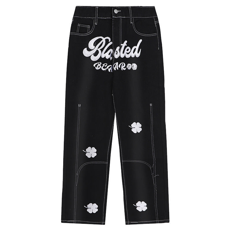 Vintage Clover Embroidered Denim Pants