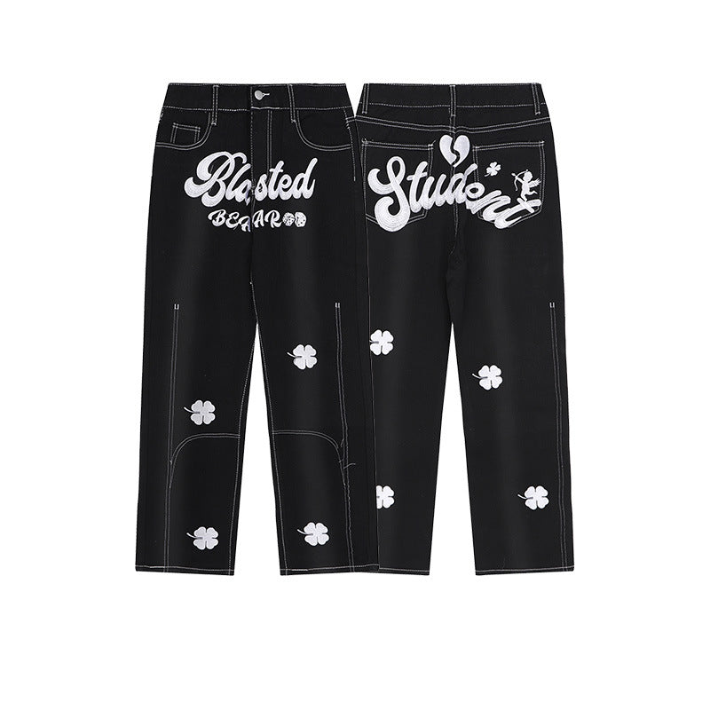 Vintage Clover Embroidered Denim Pants