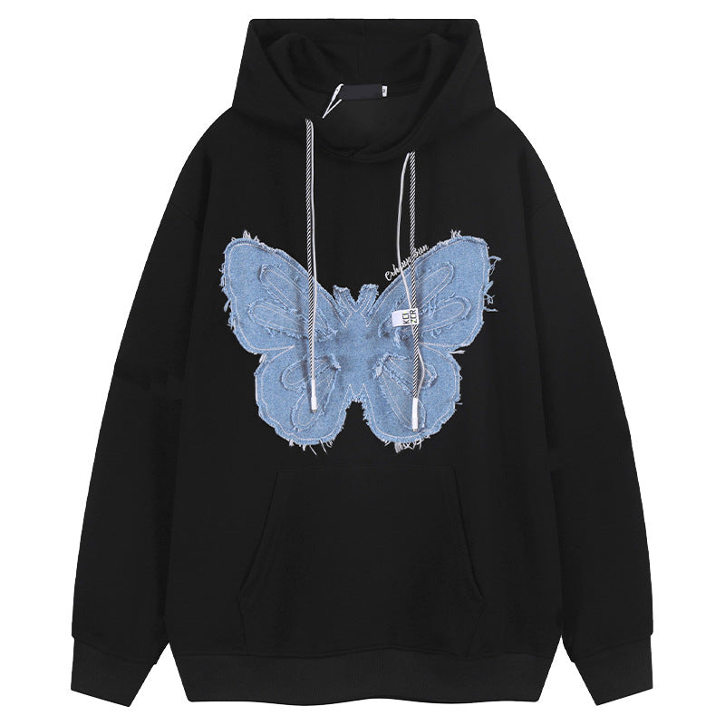 Retro Patch Denim Butterfly Flower Hoodie