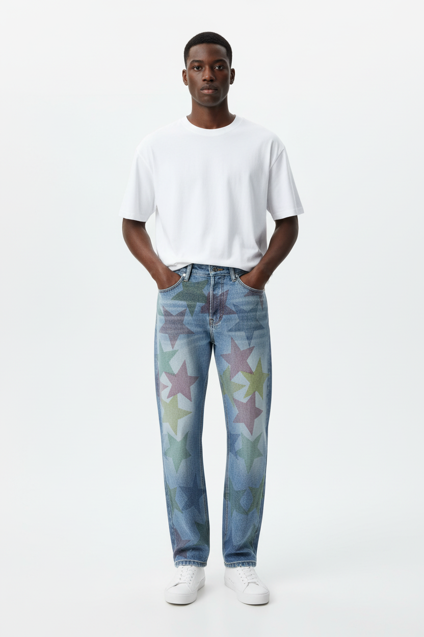 Pentagram Full Print Straight Denim