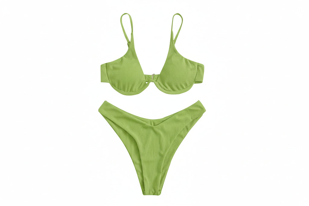 2 Piece Triangle Bikini High Cut Ribbed Bathing Suit Swimwear
