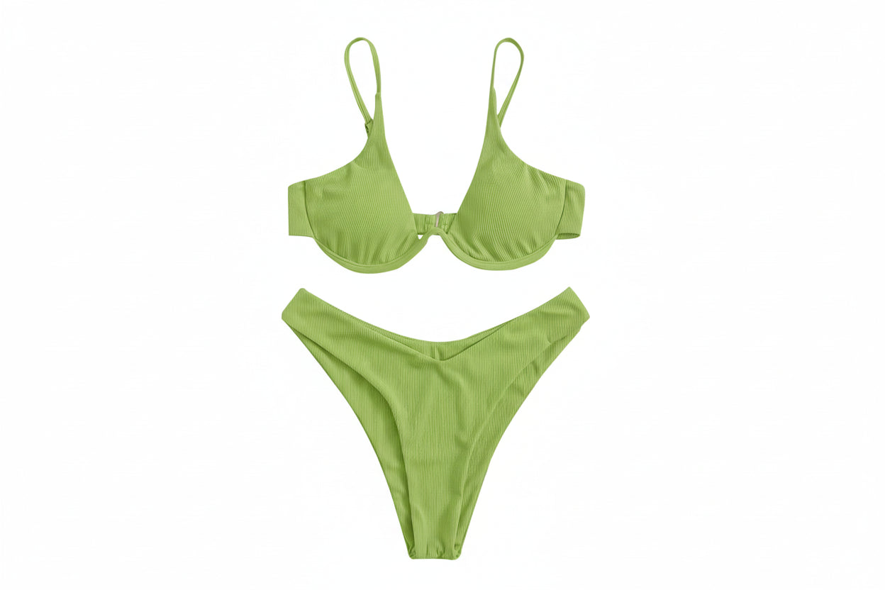 2 Piece Triangle Bikini High Cut Ribbed Bathing Suit Swimwear