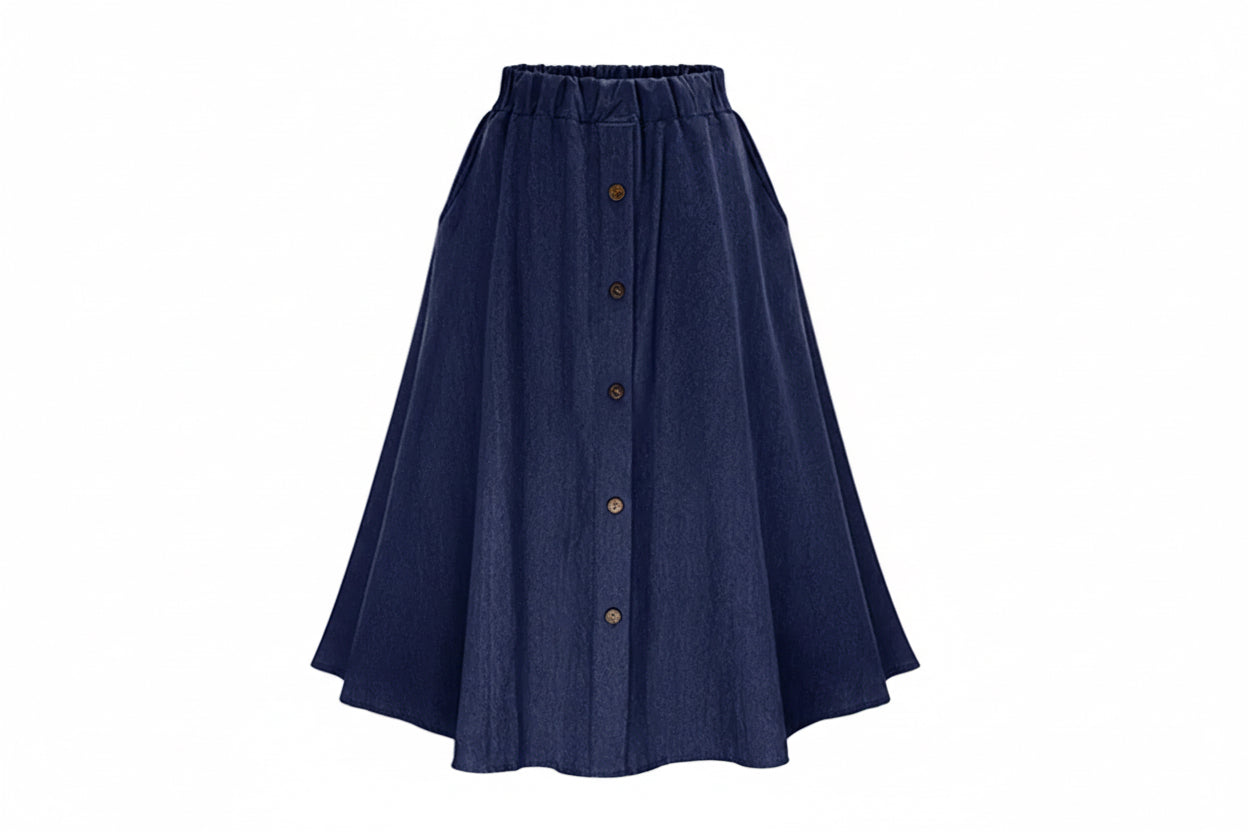 High-Waist A-Line Mid-Length Denim Skirt