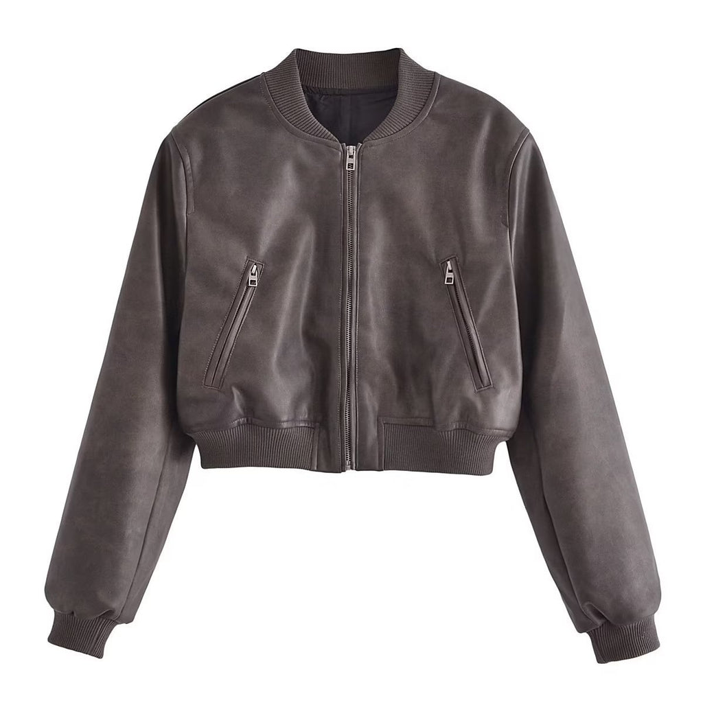 Stand Collar Polished Leather Distressed Coat