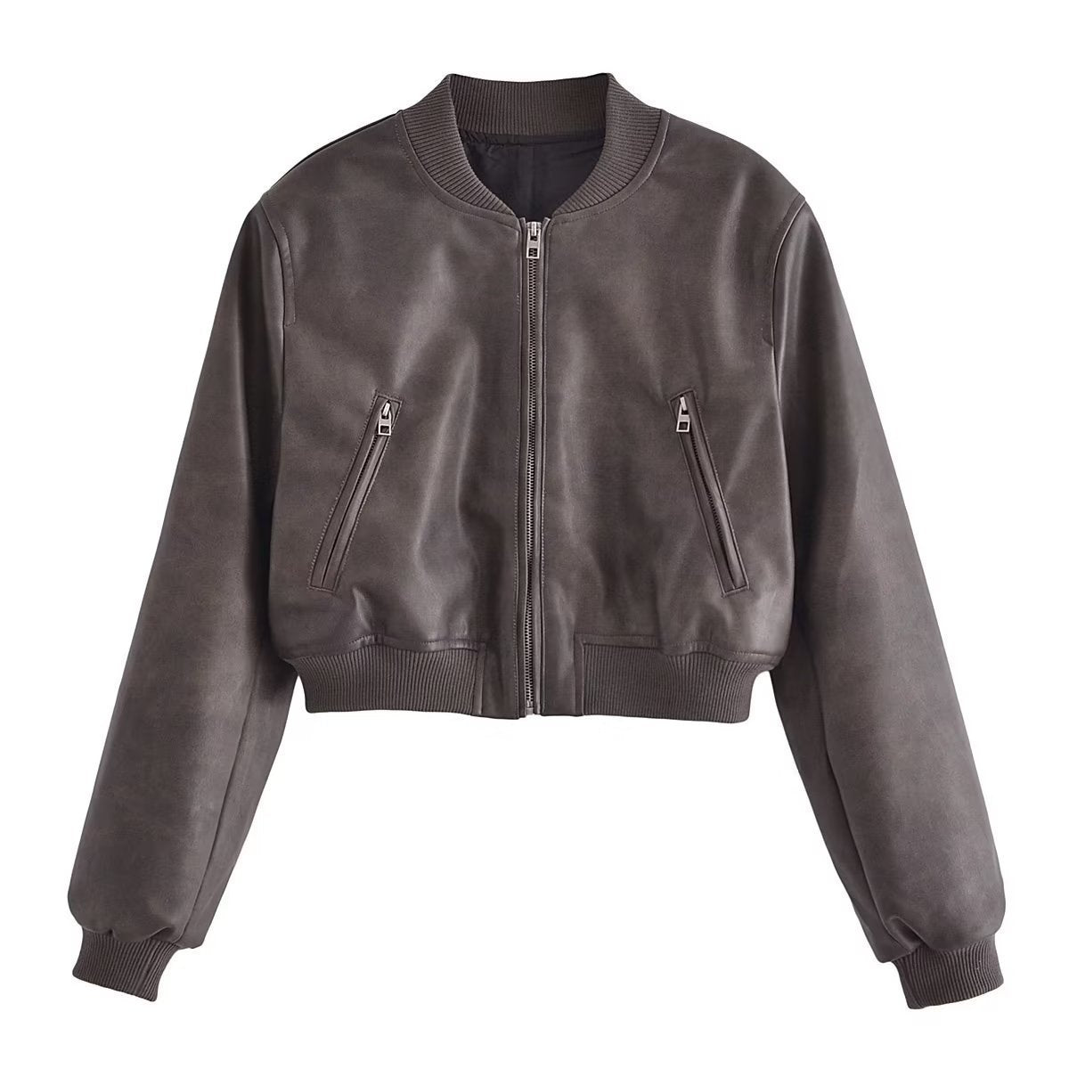 Stand Collar Polished Leather Distressed Coat