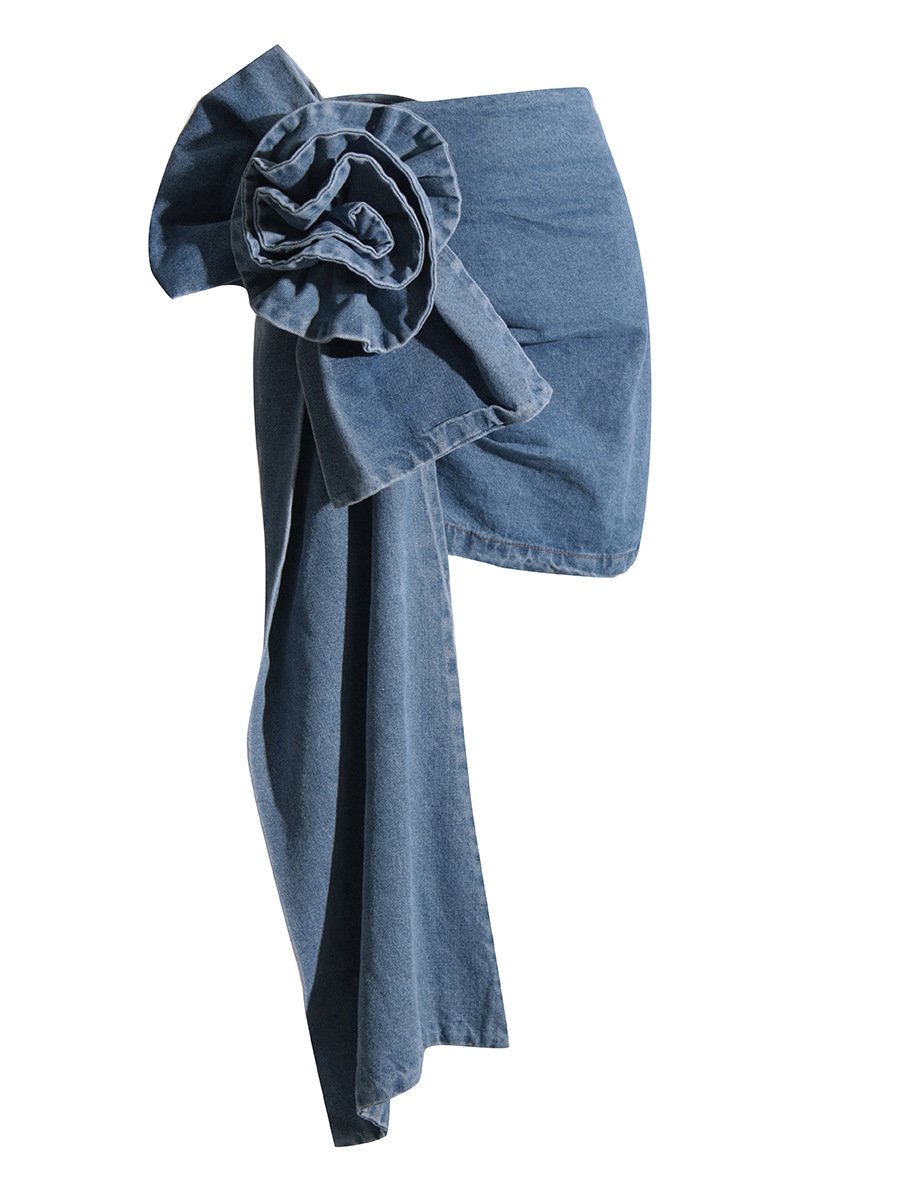 Retro Blue Rose Denim Skirt