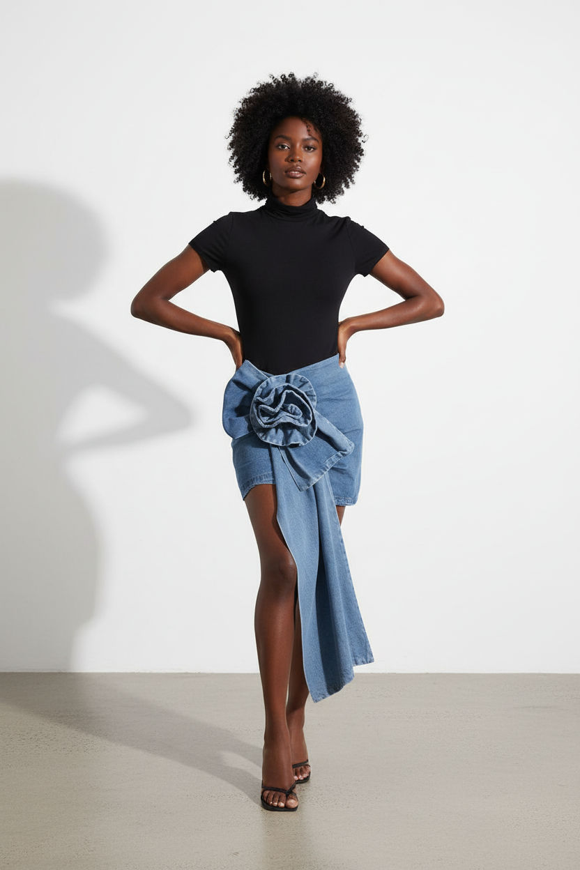 Retro Blue Rose Denim Skirt