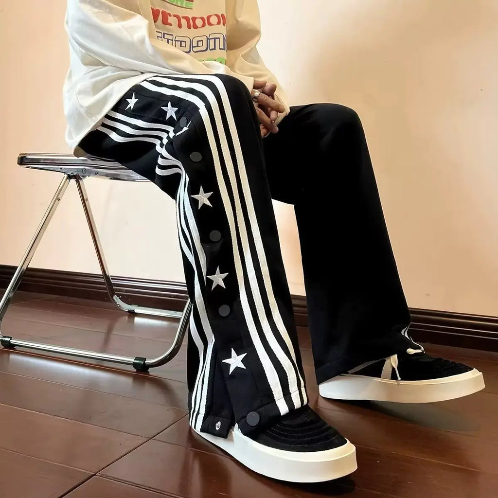 Red Button Casual Loose Fit Striped Pants