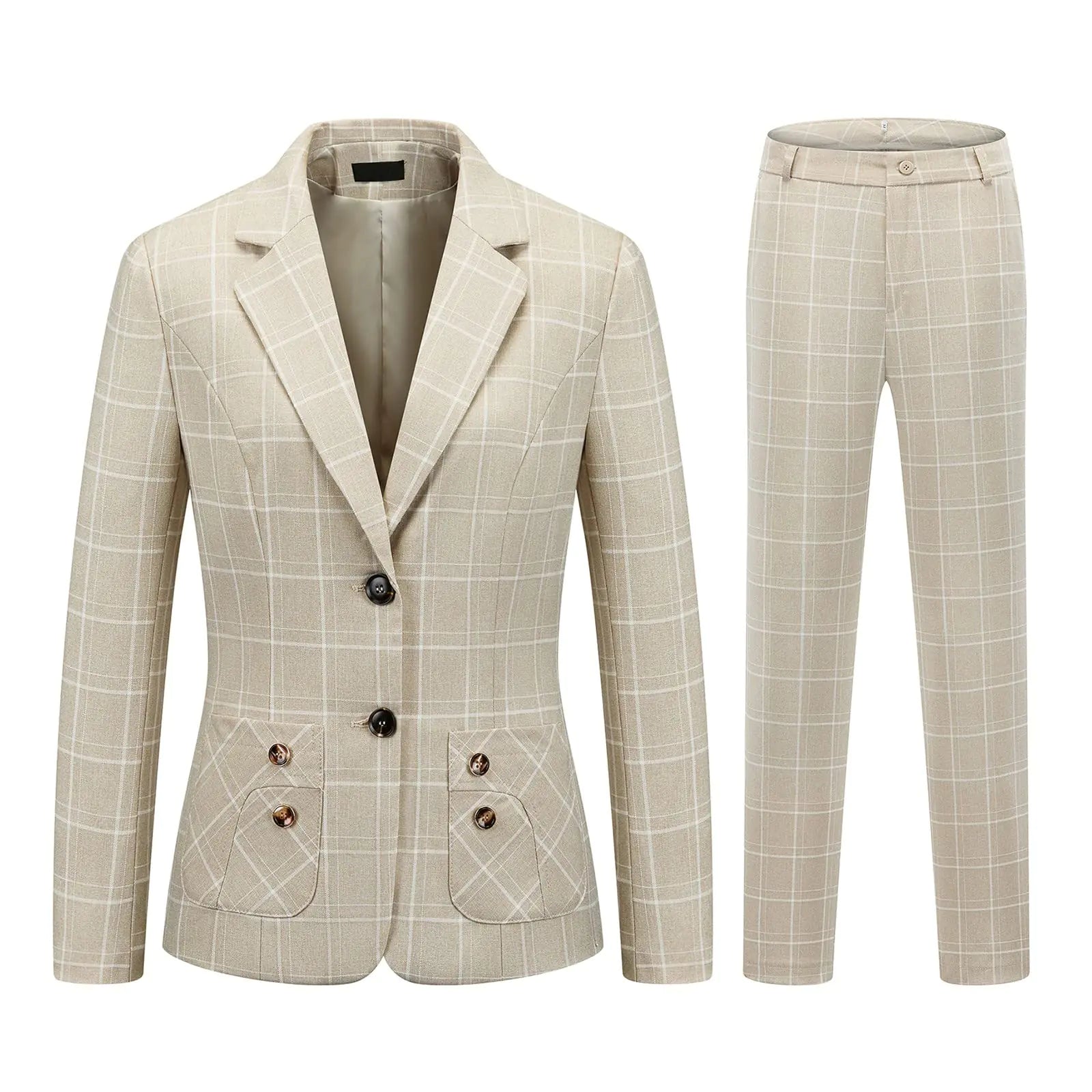 Two-Piece Plaid Suits - Casual Slim Fit Two Button Blazer and Pants Suit