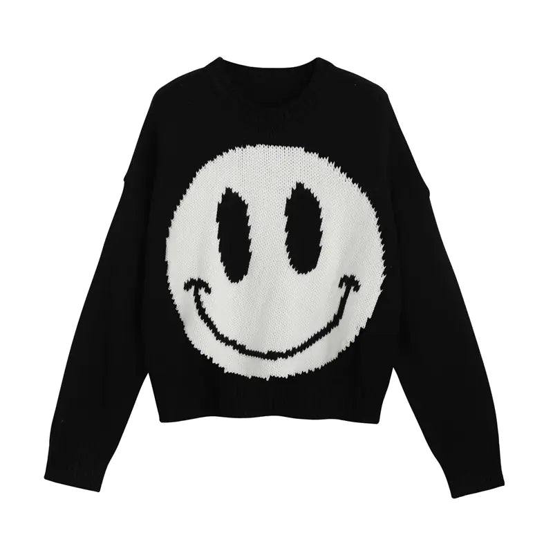 Casual Loose Knit Sweater with Smiley Face