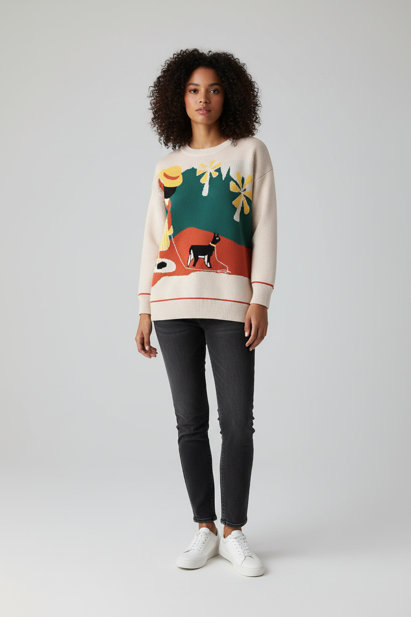 Cartoon Floral Pattern Oversized Knit Sweater