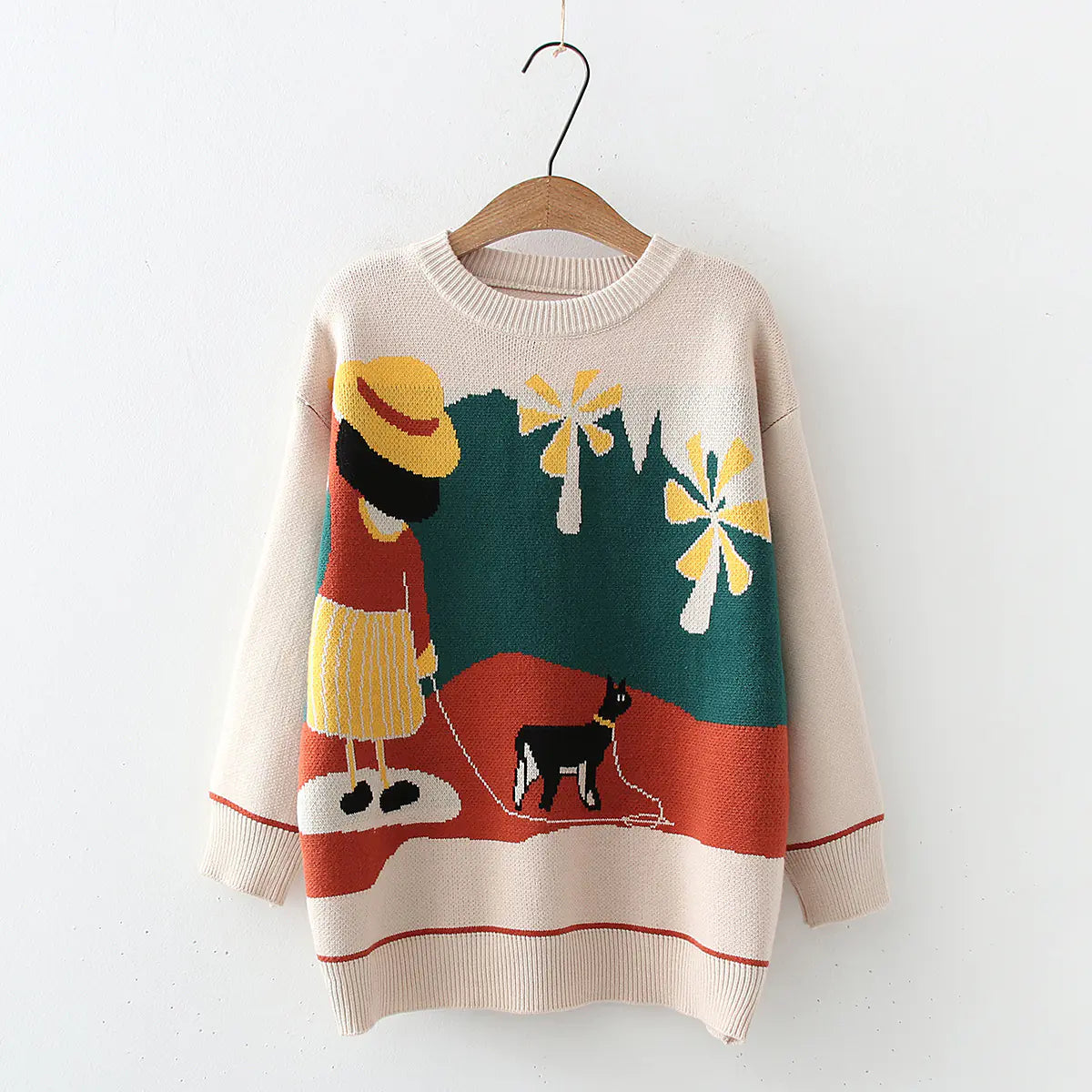 Cartoon Floral Pattern Oversized Knit Sweater
