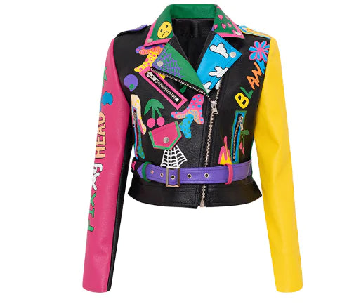 Color-blocked PU Leather Jacket