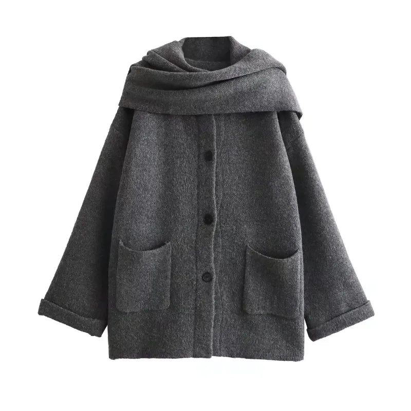 Women Knitted Cardigan With Scarf