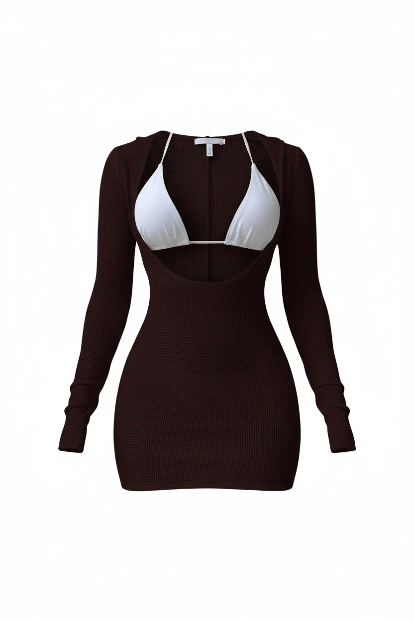 Crochet Cover Up Dress Long Sleeve Knitted Sheer Swimwear
