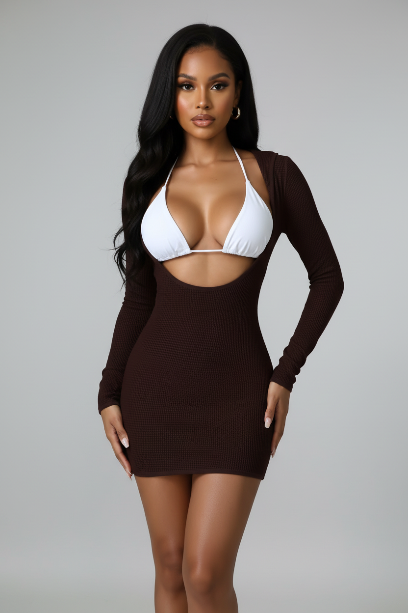 Crochet Cover Up Dress Long Sleeve Knitted Sheer Swimwear