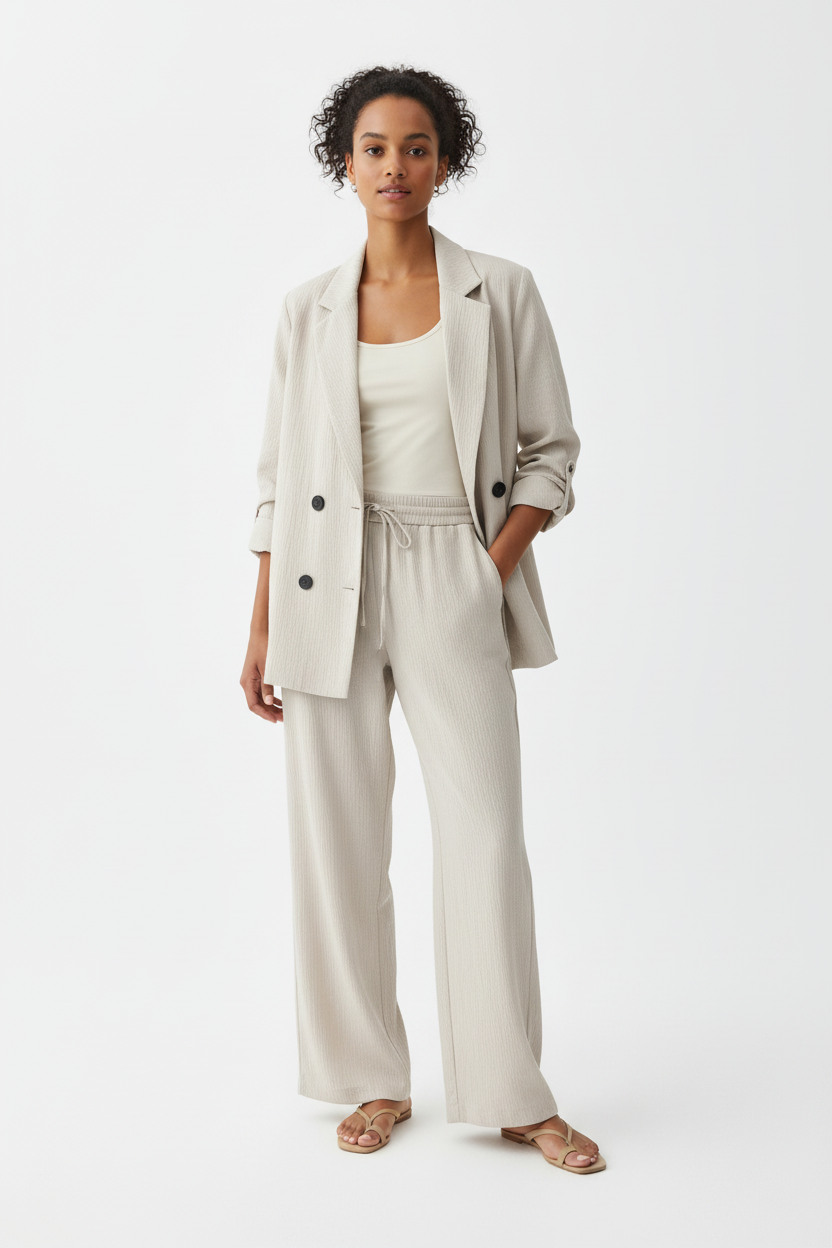 Ruffled Blazer & Casual Trousers Suit