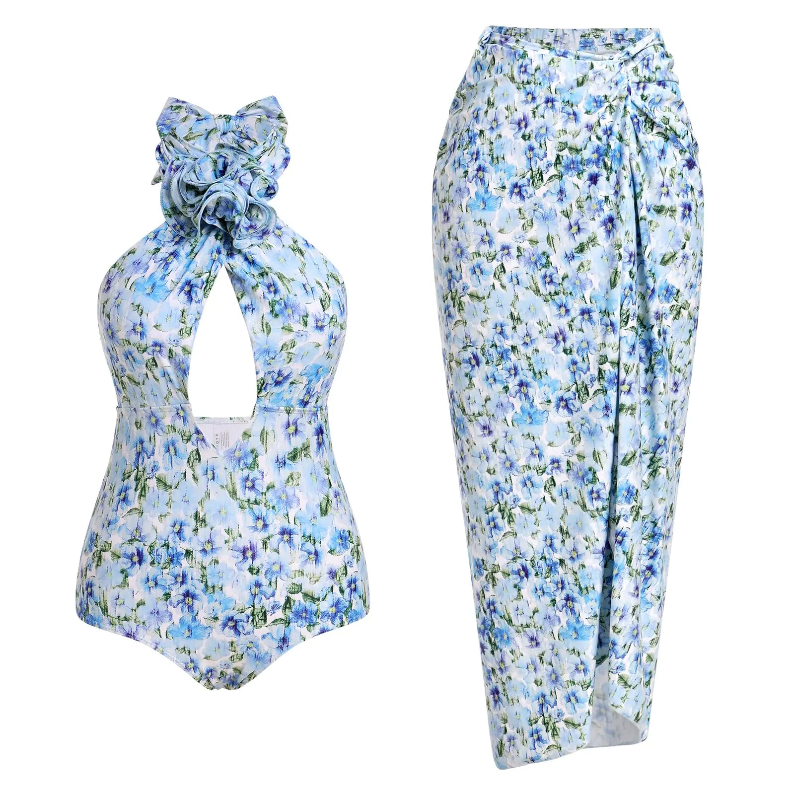One Piece Swimsuit with Cover up Beach Skirt Floral Print