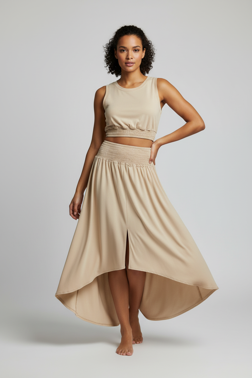 Two Piece Outfits - Cream Skirt Vacation Clothes
