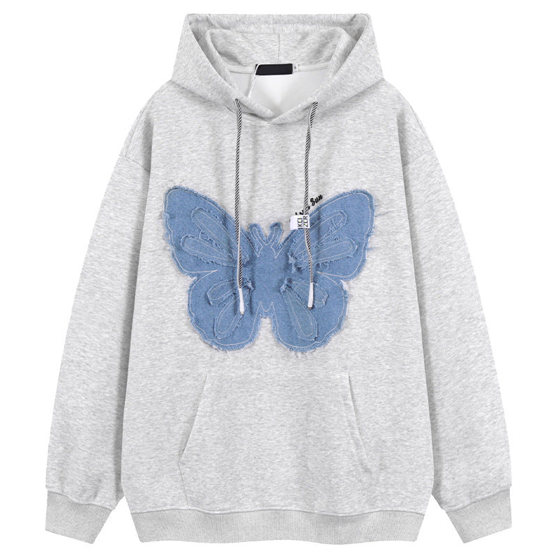 Retro Patch Denim Butterfly Flower Hoodie