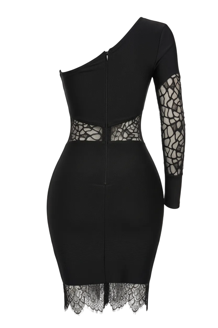 Elegant Lace-Panel One-Shoulder Classic Black Dress