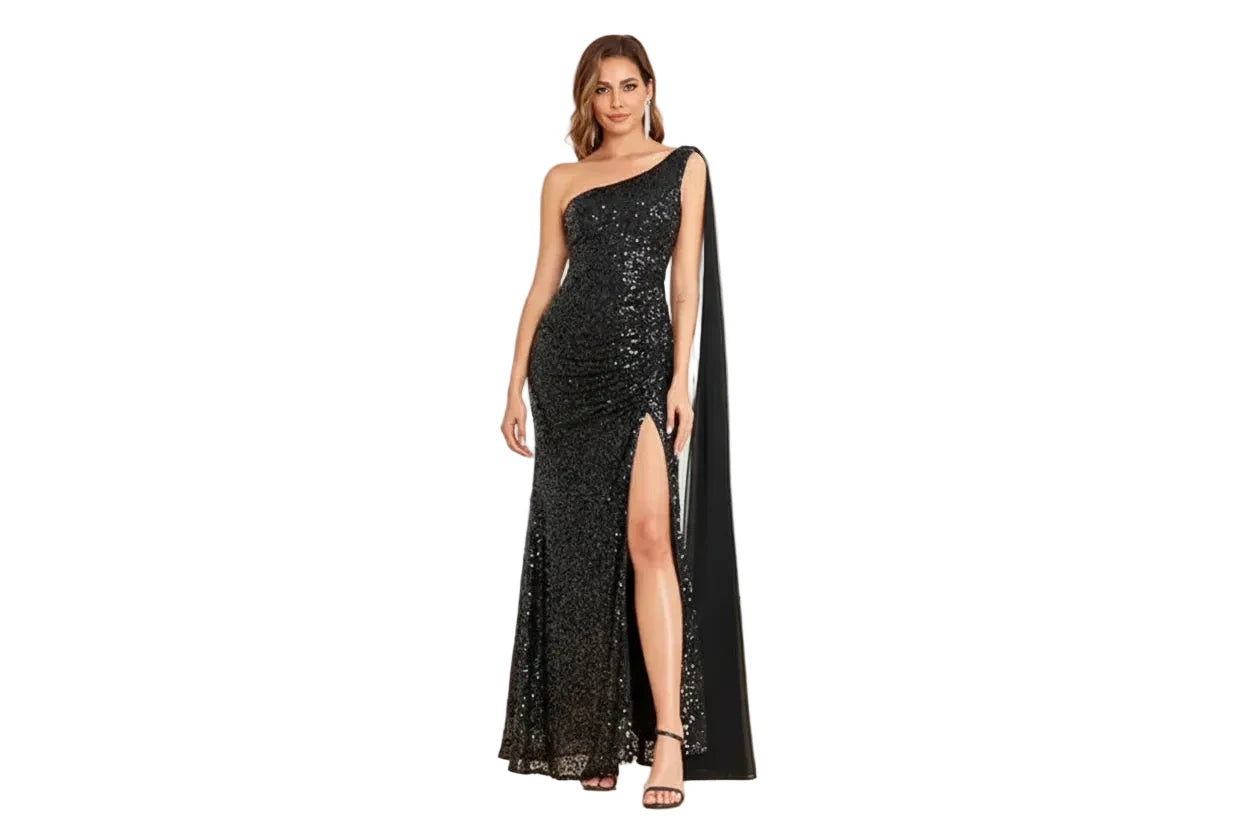 One-Shoulder Sequin Gown with Side Slit