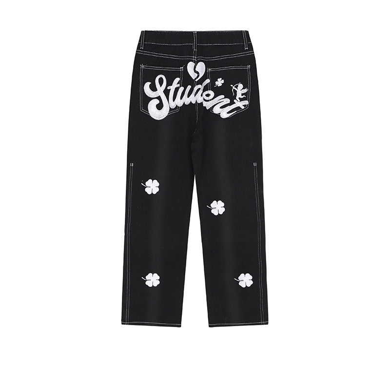 Vintage Clover Embroidered Denim Pants
