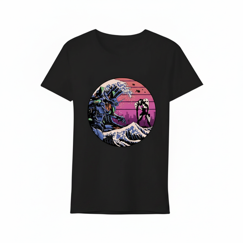 Black Anime Sunset Wave T-shirt - Short