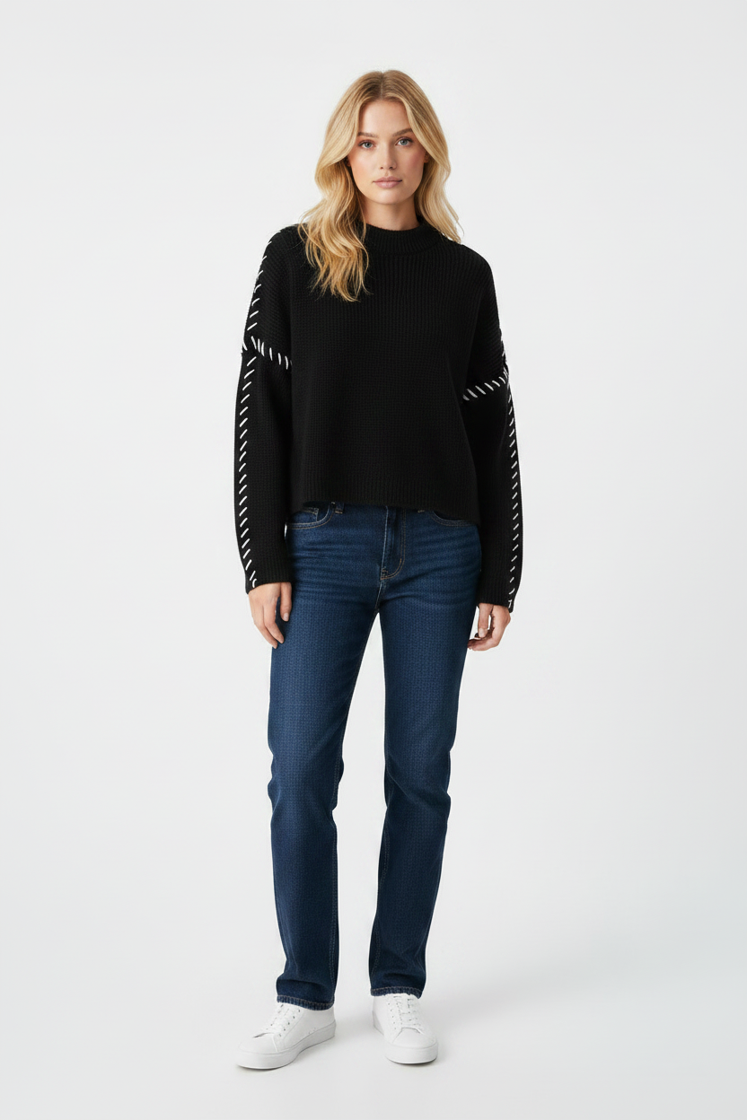 Blonde Female Model - Patchwork Knit Sweater