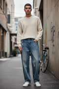 Brushed Washed Straight Tube Trousers - Male Model