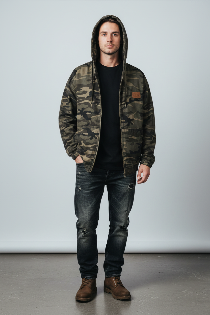 Camouflage Hooded Cotton Jacket - Male Model