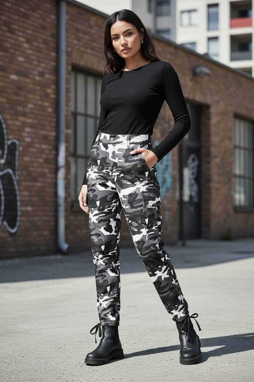 Camouflage Print Casual Cargo Trousers - Female Model