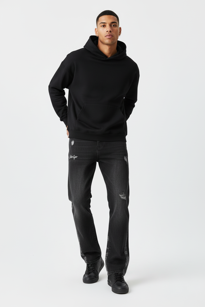 Cashew Flower Patchwork Washed Jeans - Male Model