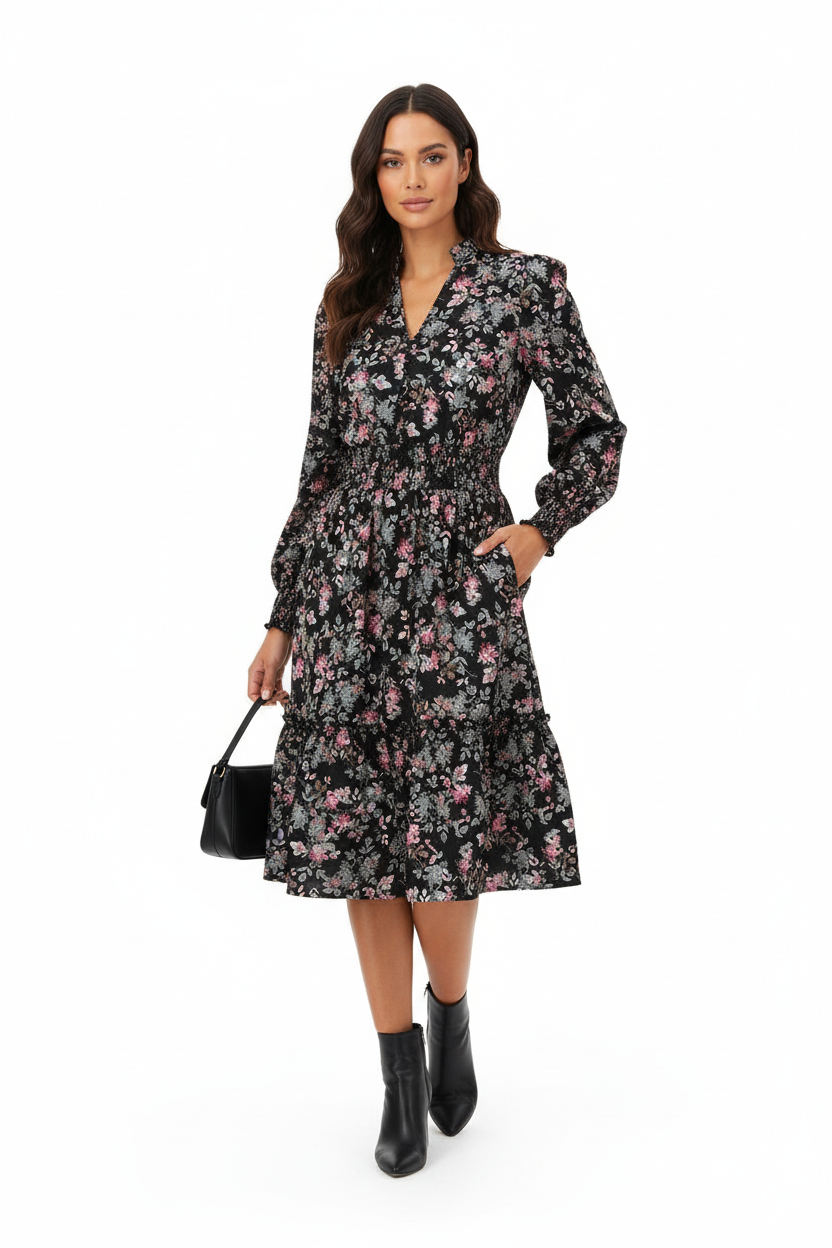 Casual Long Sleeve Floral Dress - Black