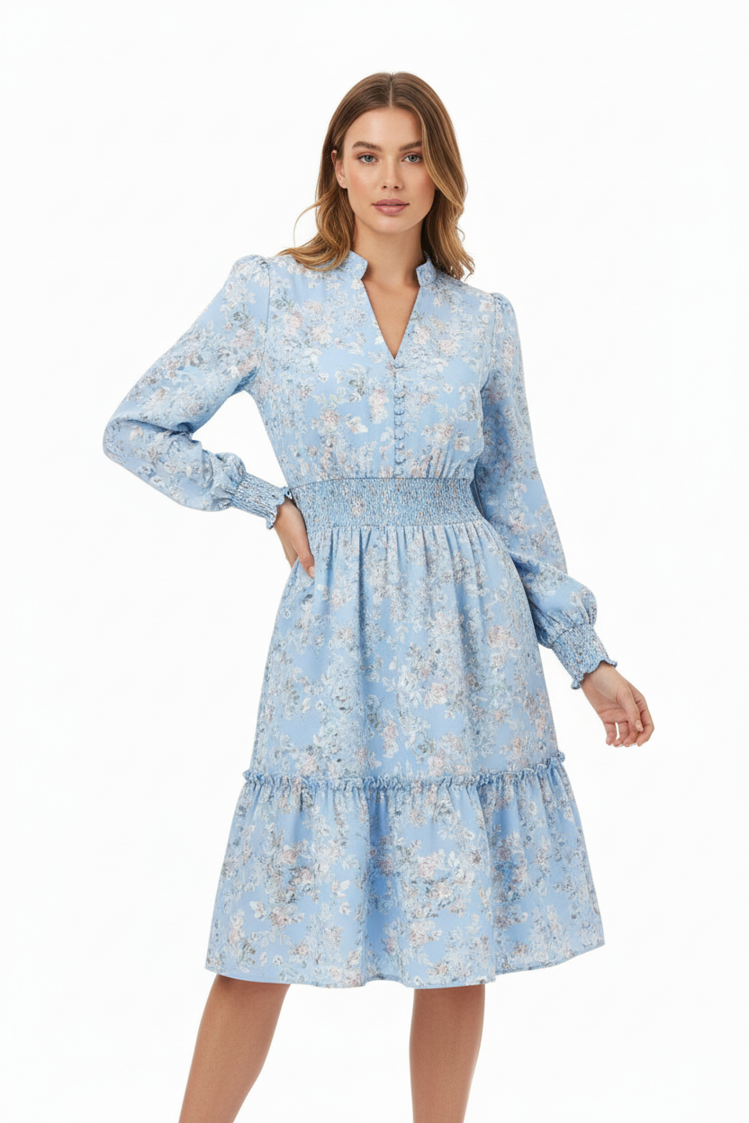 Casual Long Sleeve Floral Dress - Light Blue