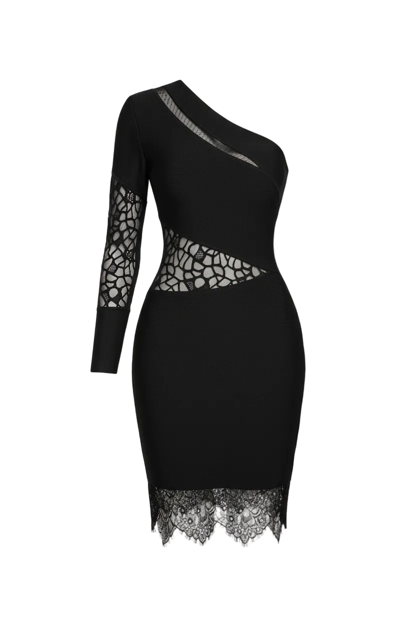 Elegant Lace-Panel One-Shoulder Classic Black Dress