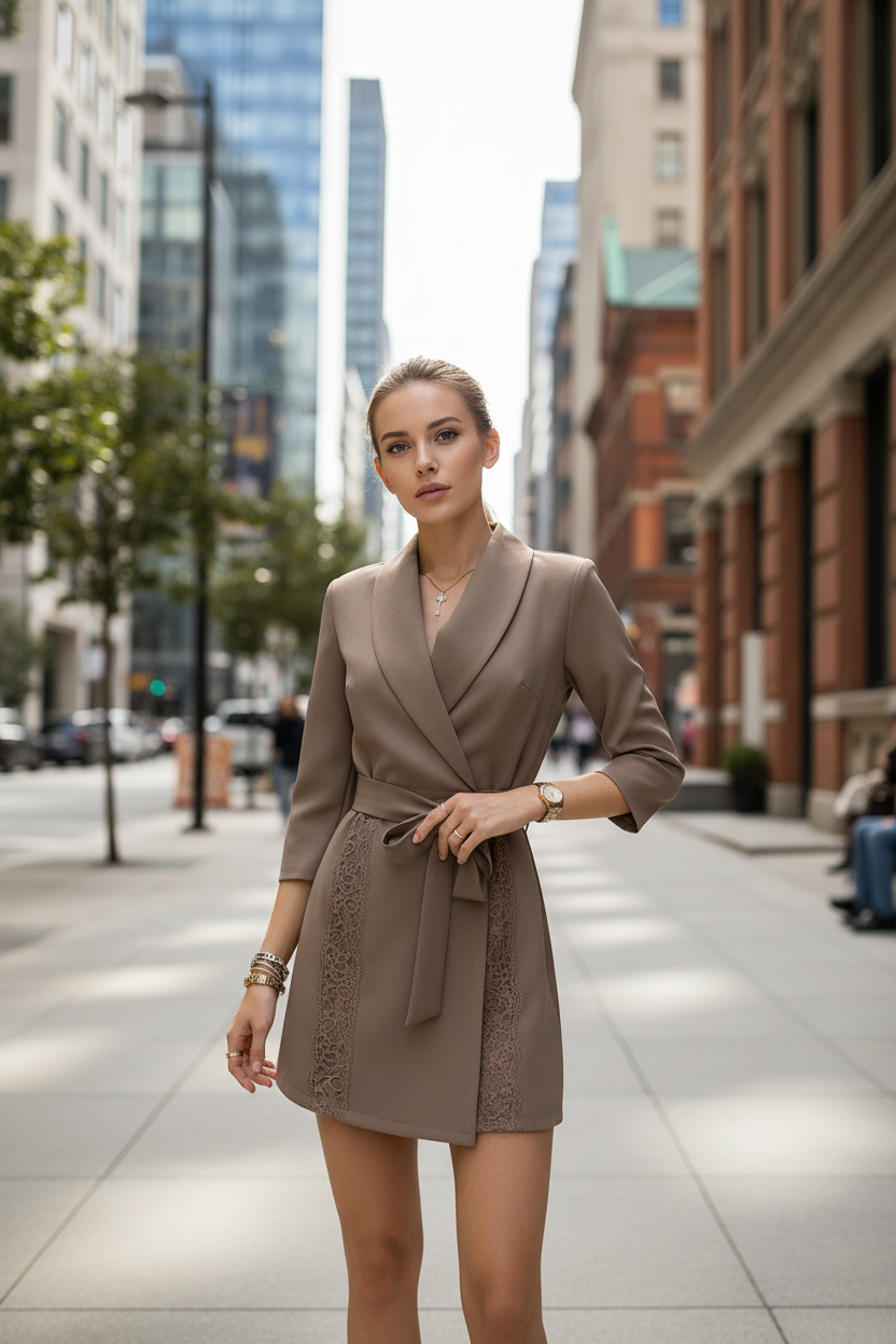 Chic Short Dress with Suit Collar and Belt - Female Model