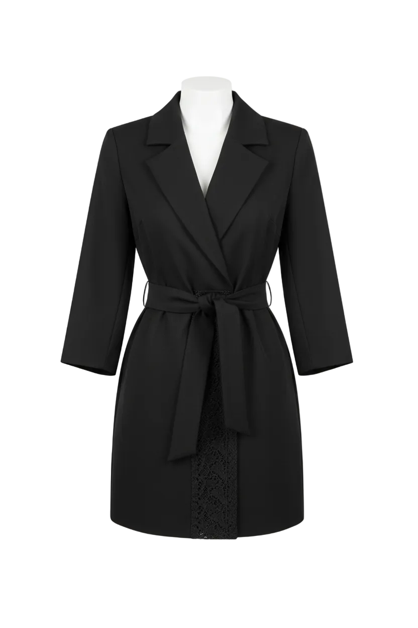 Chic Short Dress with Suit Collar and Belt - Product