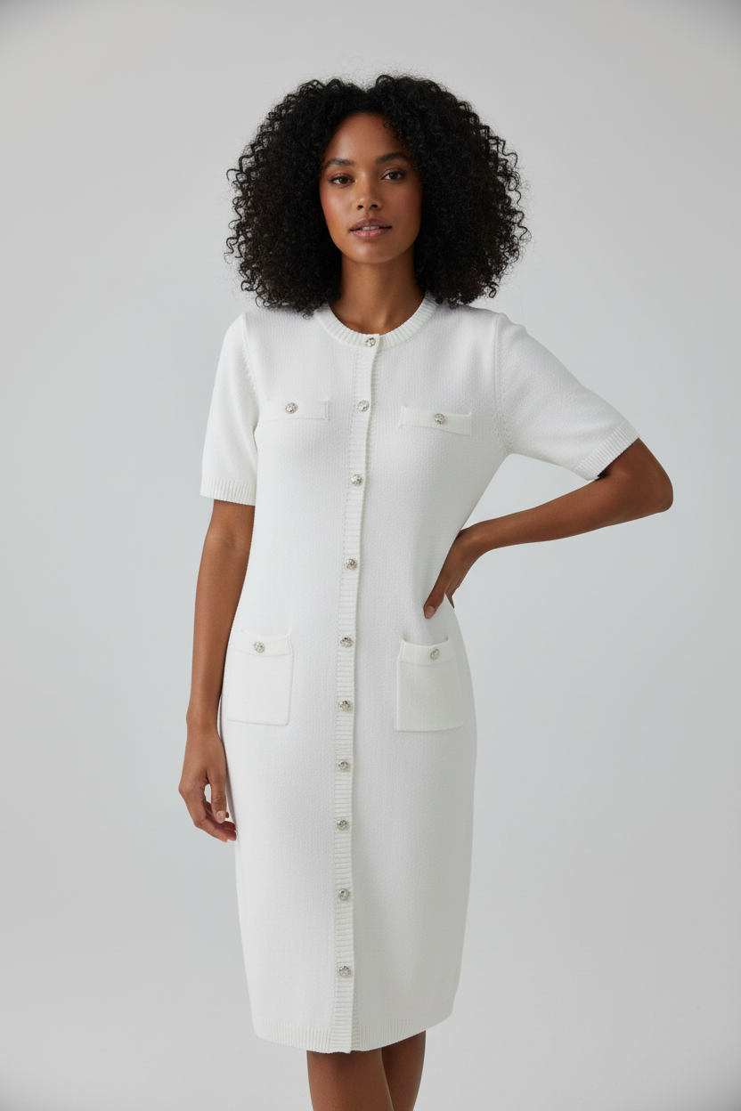 Classic Round Neck Button-Accent Dress female model