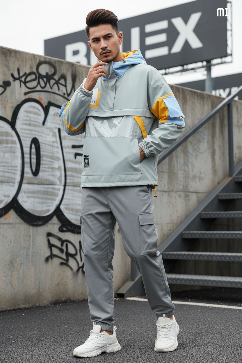 Color-Block Casual Jacket with Detachable Pockets - Male Model