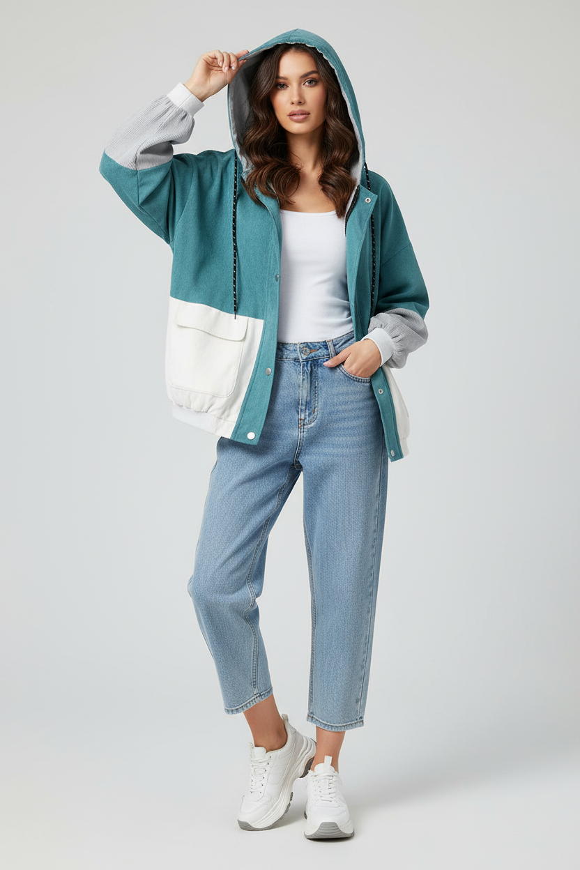 Color Block Hooded Jacket - Sky Blue