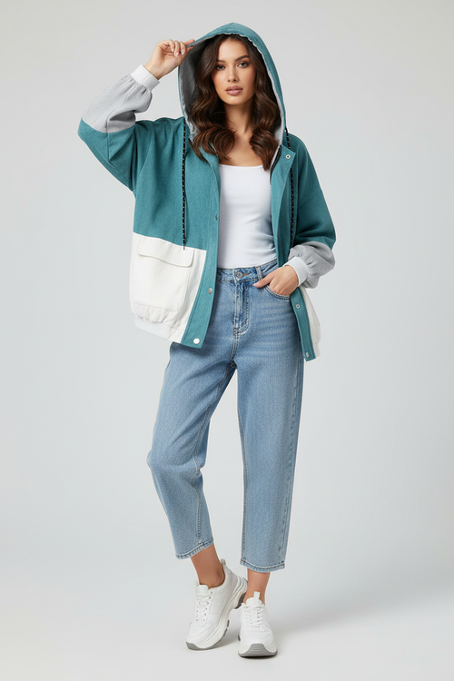 Color Block Hooded Jacket - Sky Blue