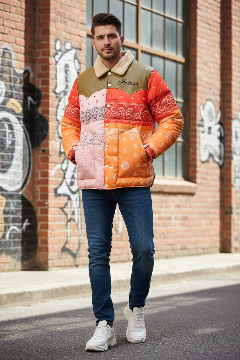 Colorful Quilted Jacket with Cashew Flower Design - Male Model
