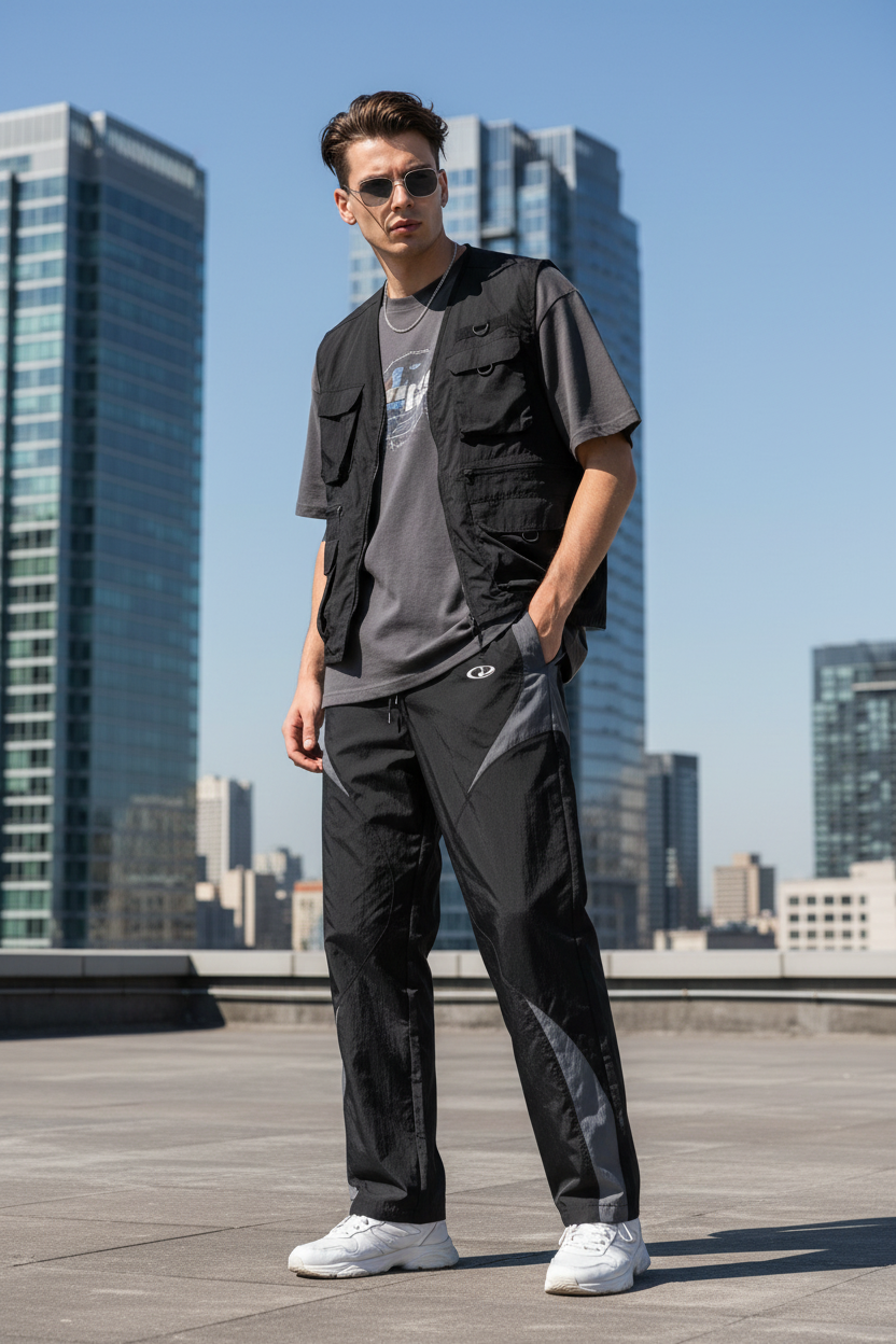 Contrast Patchwork Straight Pants - Male Model