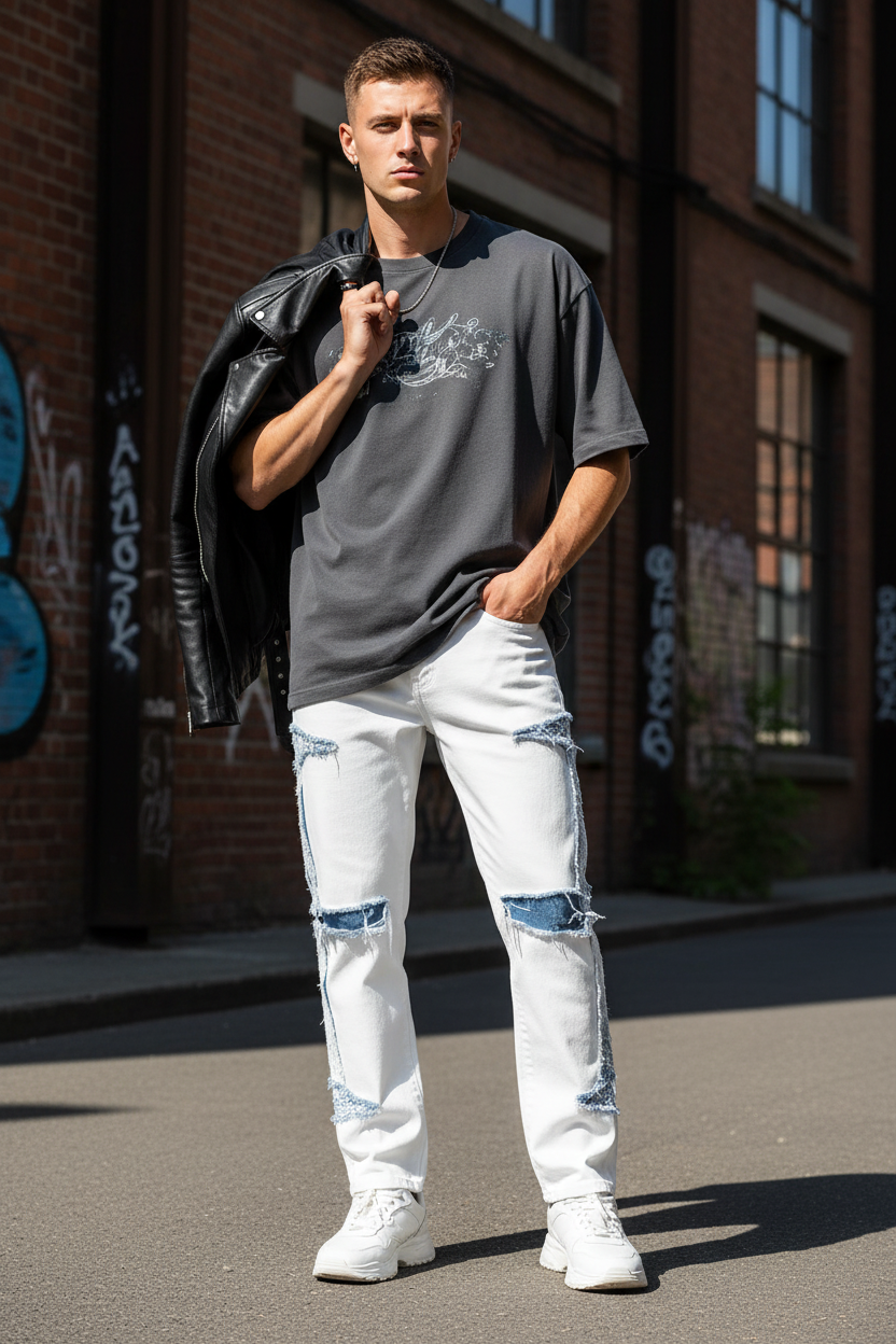 Contrast Ripped Casual Straight Jeans - Model