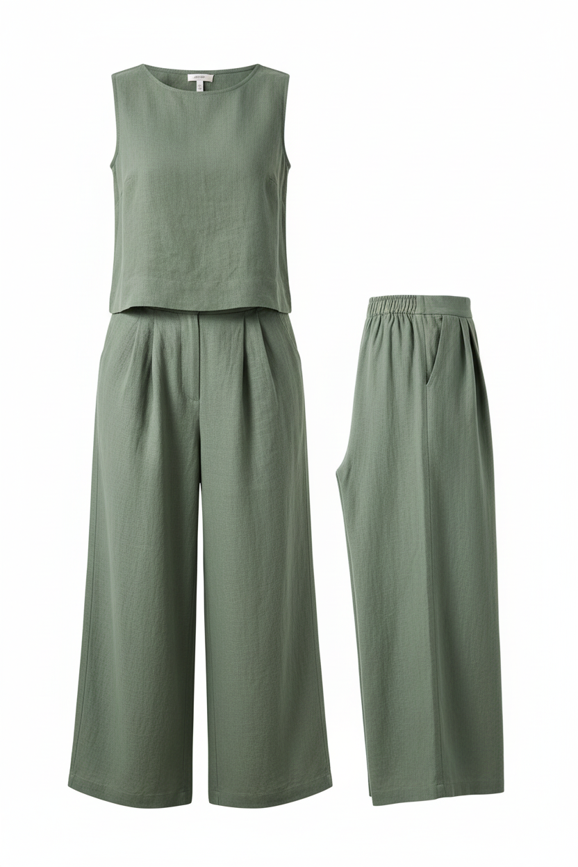 Cotton Linen Short Sleeve Top and Pants Set - Product Only