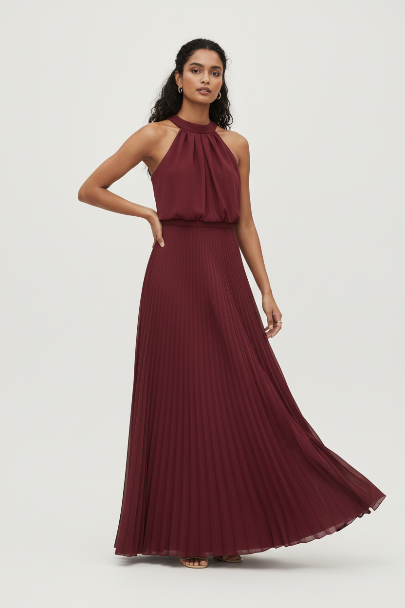 Cozoc Halter Pleated Dress - Red